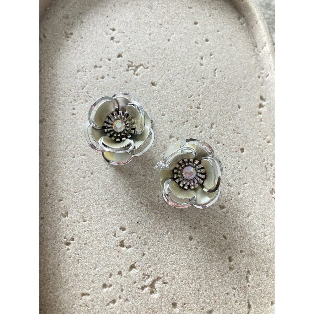 Silver Tone Flower‎ Clip On Earrings AB Rhinestone Floral Bold Chunky Glam